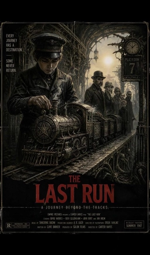A young boy in a conductor hat pushes a small steam train at a station platform labeled "Platform 7" while ghostly figures watch, transitioning to a scene where a winged creature emerges from the smoke.
