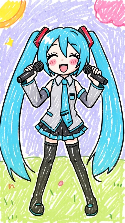 A full-body chibi drawing of Hatsune Miku holding two microphones and smiling with closed eyes, wearing her iconic outfit against a colorful background.