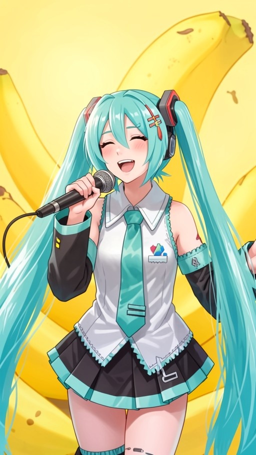 Digital illustration of Hatsune Miku singing into a microphone with closed eyes, wearing her signature outfit against a background of giant yellow bananas.