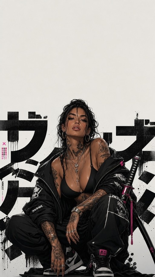 A dark-skinned woman with tattoos crouches next to a katana against a white wall with large Japanese characters.
