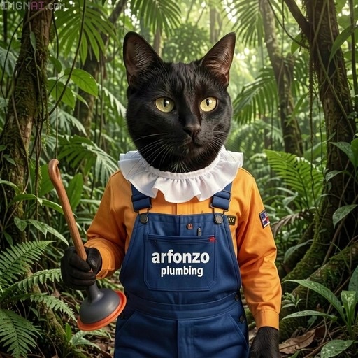 An anthropomorphic black cat wearing blue overalls and an orange shirt stands in a jungle holding a plunger.