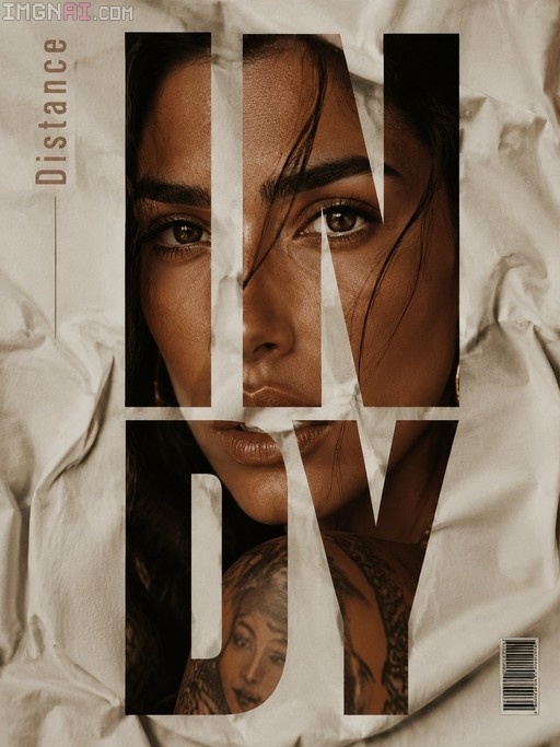 A stylized magazine cover portrait of a dark-skinned woman with long black hair and shoulder tattoos, partially obscured by large cut-out letters against a crumpled paper background.