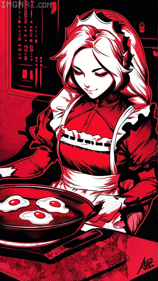 Rapunzel in a red and white maid outfit holding a frying pan with three fried eggs, rendered in a high-contrast wine-red and black halftone style.