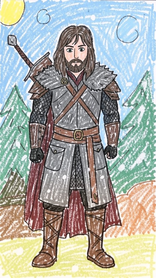 Full-body colored pencil drawing of a bearded fantasy warrior in chainmail armor and a red cape standing in a snowy forest with pine trees.