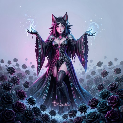 A fox-eared sorceress in an ornate black dress stands in a field of black roses, holding glowing magic orbs.
