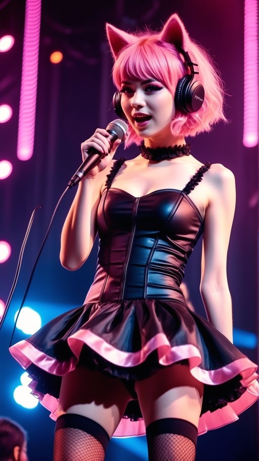 A pink-haired girl with cat ears and headphones sings into a microphone on stage wearing a black corset dress.