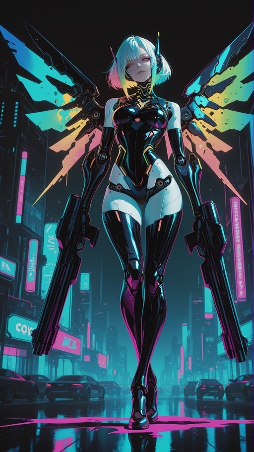 A female cyborg with short multi-colored hair and large mechanical wings stands on a wet street in a neon-lit cyberpunk city while holding two large guns.