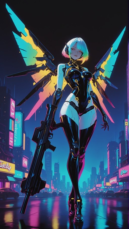 A female cyborg with glowing mechanical wings and a futuristic rifle stands in a neon-lit cyberpunk city at night.