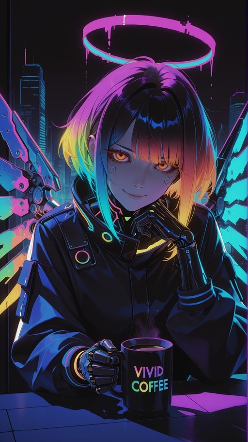 A cyberpunk-style digital illustration of a young woman with multicolored hair and glowing orange eyes, featuring mechanical wings and a neon halo while holding a coffee mug that reads "Vivid Coffee" in front of a night cityscape.