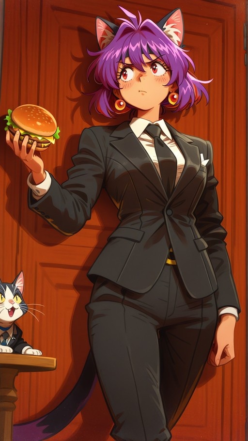 An anime-style illustration of a purple-haired catgirl in a black business suit holding a hamburger, with a small cat in a suit watching from a table.