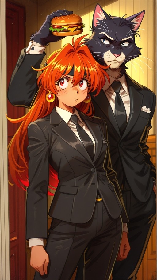 An anime-style woman with long orange hair and red eyes in a black business suit stands next to a tall black anthropomorphic cat man who is holding a cheeseburger above her head.