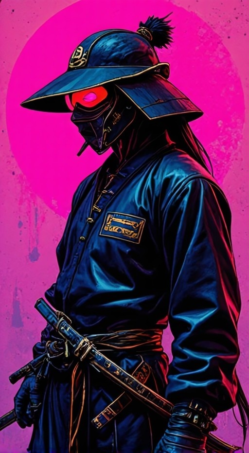 A stylized digital illustration of a masked samurai warrior wearing dark blue armor and a wide-brimmed hat, holding a katana against a textured pink background with glowing red eyes visible through the mask.