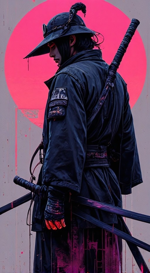 A samurai warrior in a wide-brimmed hat and dark clothes stands with his back to the viewer, holding a sword, against a background with a large pink circle.