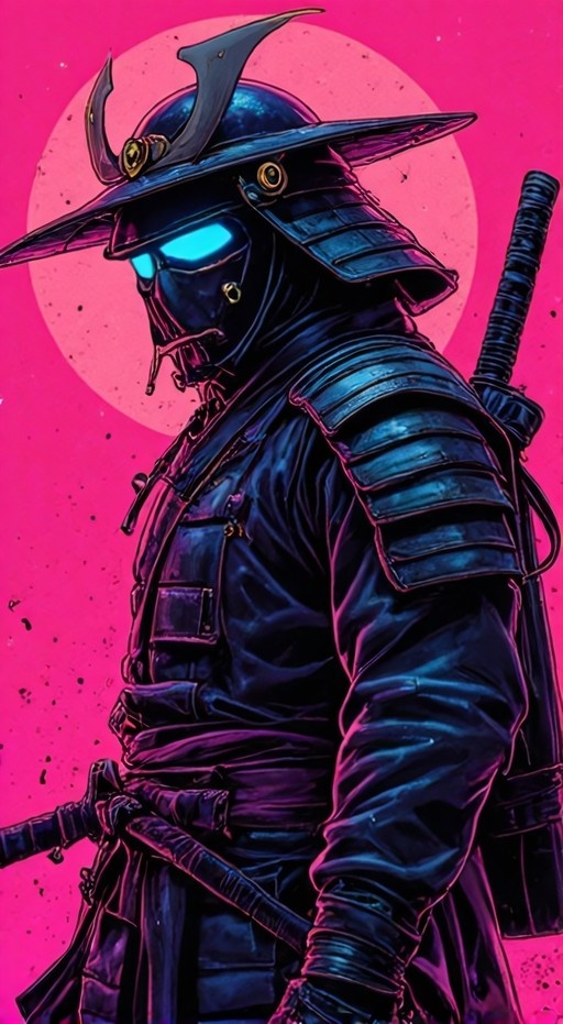 Samurai warrior in profile wearing dark blue armor and a horned kabuto helmet with glowing cyan eyes, standing before a large pink circle.