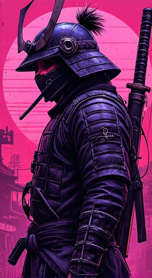 A profile view of a samurai in dark armor and a kabuto helmet with a sheathed katana on his back against a pink background.