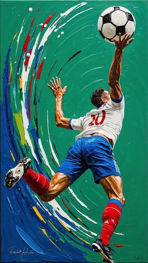 A thick impasto painting of a male soccer player in a white jersey and blue shorts reaching up with one hand to catch a black and white soccer ball against a green background.
