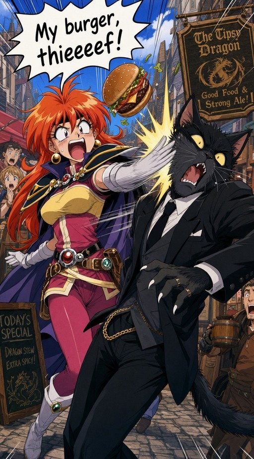 Lina Inverse shouting and slapping a black cat-man in a suit who stole her burger on a fantasy street.