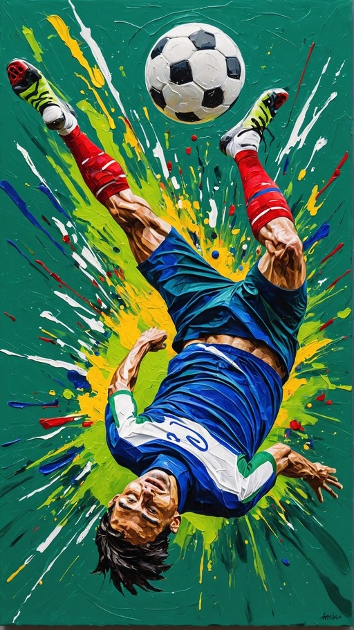 A vibrant oil painting style illustration of a male soccer player in a blue and white uniform performing an upside-down bicycle kick, with colorful paint splashes against a green background.
