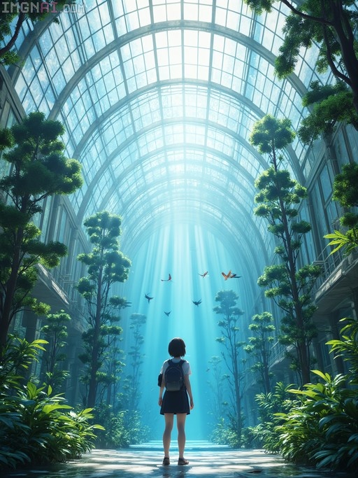 A young girl with a backpack stands inside a vast glass conservatory, looking up at sunlight streaming through the dome ceiling where birds are flying among tall trees.