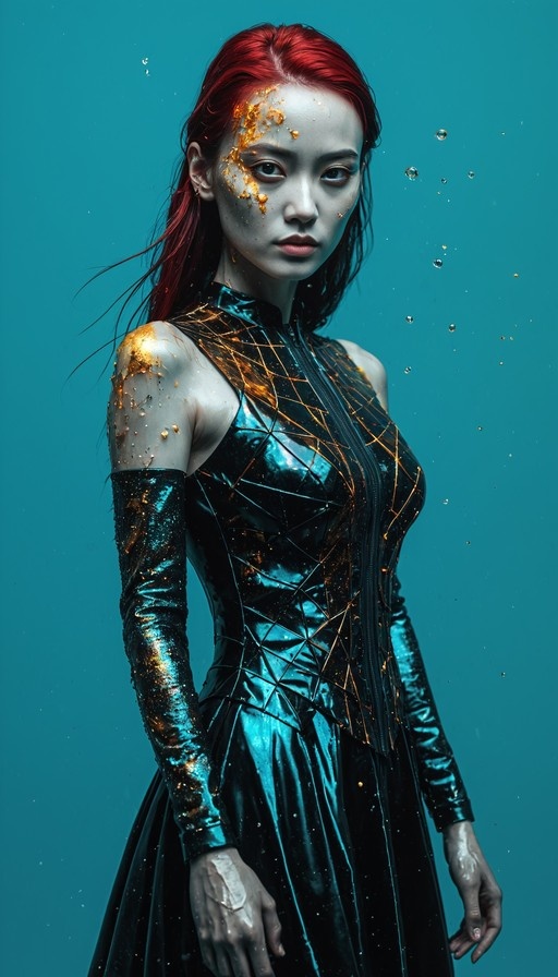A pale woman with red hair and wet skin floats underwater wearing a shiny black dress with gold geometric patterns and one long sleeve.