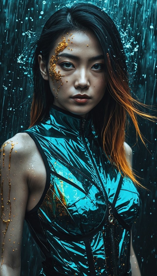 A realistic portrait of a woman with gradient black and orange hair, wearing a metallic teal sleeveless top, featuring gold leaf accents on her cheek and shoulder against a rainy background.