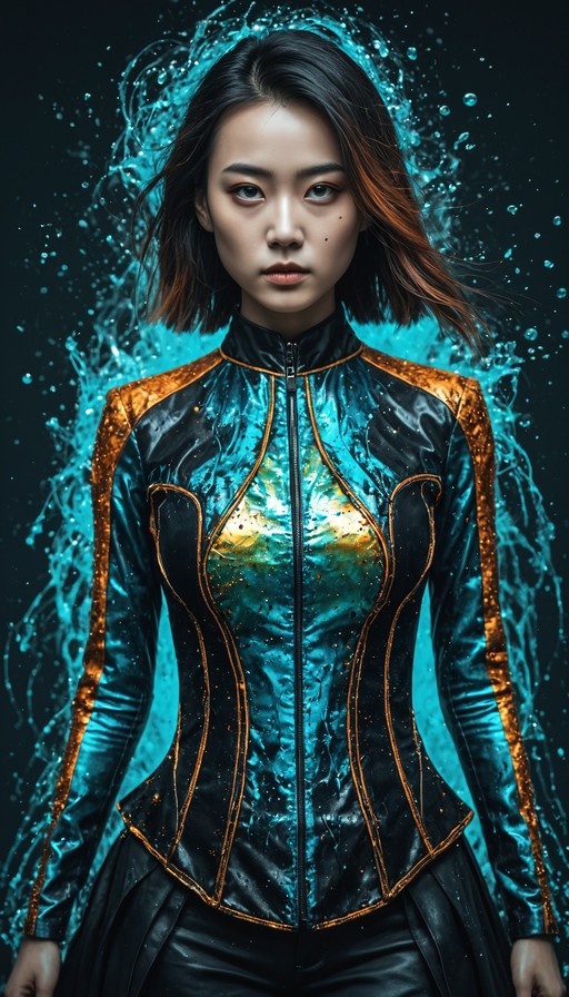 Realistic portrait of a woman with dark and reddish hair wearing a shiny teal and black zippered jacket with gold trim, set against a blue water splash background.