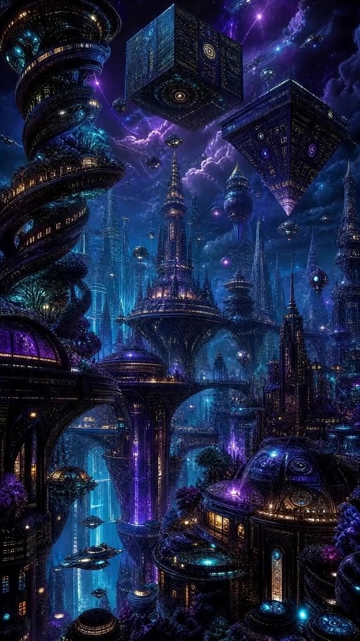A vertical view of a fantastical city at night featuring a large spiraling tower on the left, floating geometric structures in the sky, and glowing purple and blue lights throughout the architecture.