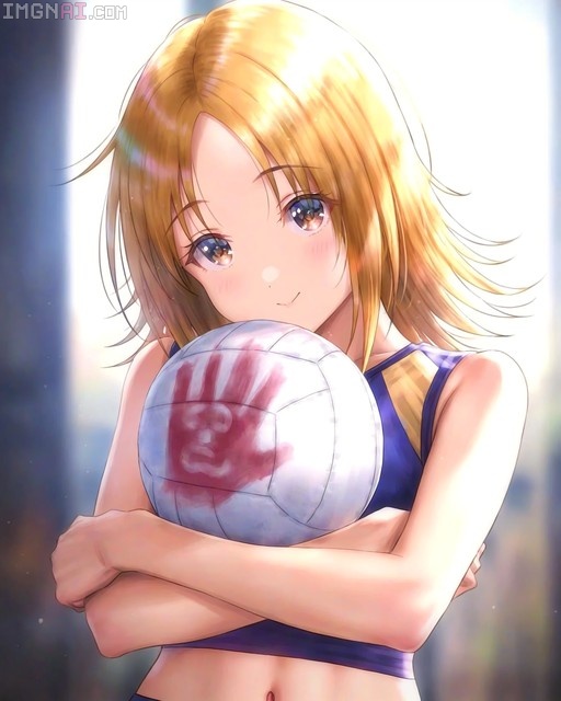A blonde anime woman in a blue and yellow sports top hugs a white volleyball with a red smiley handprint on it while smiling at the viewer.