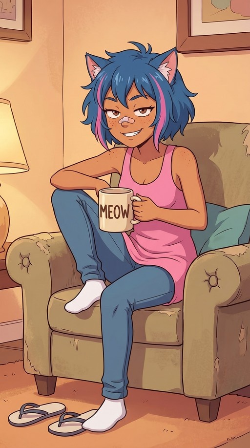 An anime-style girl with blue hair and cat ears sits in an armchair holding a mug that reads "MEOW".