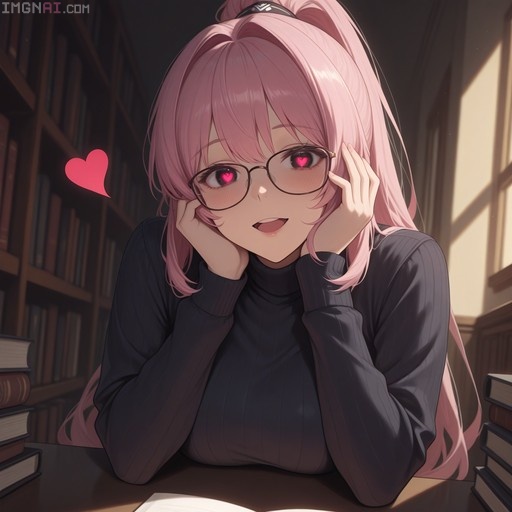 An anime girl with pink hair and glasses smiles adoringly with heart-shaped pupils while sitting at a desk in a library.
