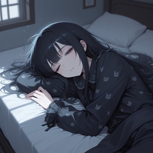 An anime-style illustration of a young woman with long black hair lying on her side in bed. She wears dark pajamas featuring a rabbit print and frilled cuffs, looking drowsy with one eye closed as morning light filters through a nearby window.