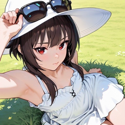 Megumin lying on grass in a white dress and hat with sunglasses