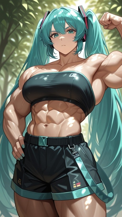 Muscular Hatsune Miku with long teal twin-tails flexing her bicep in a black tube top and shorts against a blurred green forest background.