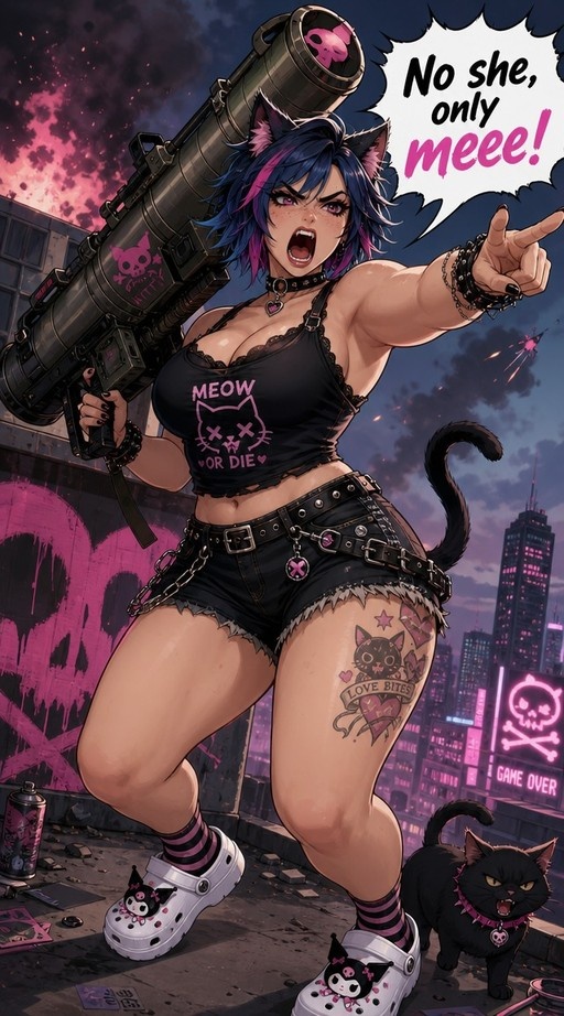 A muscular anime girl with cat ears holds a rocket launcher and points while standing next to a black cat on a rooftop.