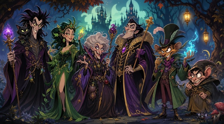 A group of six fantasy villains, including wizards, a witch, and anthropomorphic creatures, standing in a line at night with a castle in the background.