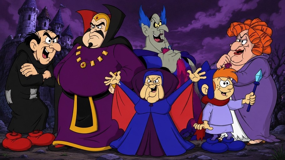 Gargamel and other villains from The Smurfs standing in front of a castle at night.
