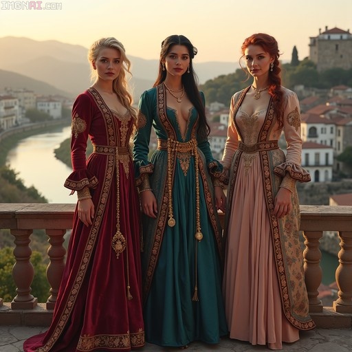 Three women in ornate red, teal, and peach velvet dresses standing on a balcony overlooking a river town at sunset.
