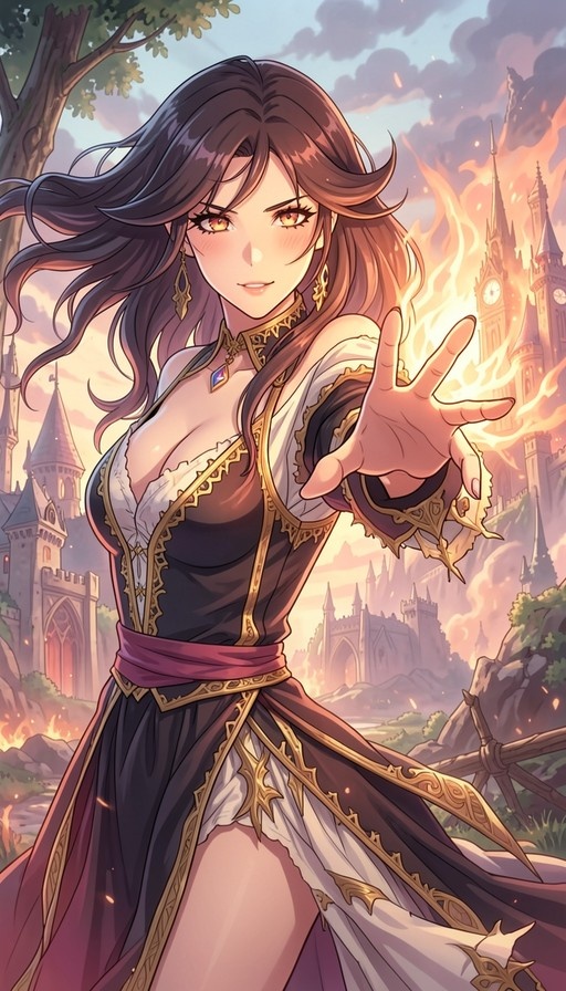 Anime-style woman with long brown hair and yellow eyes reaching out her hand with fire magic in front of a burning castle.