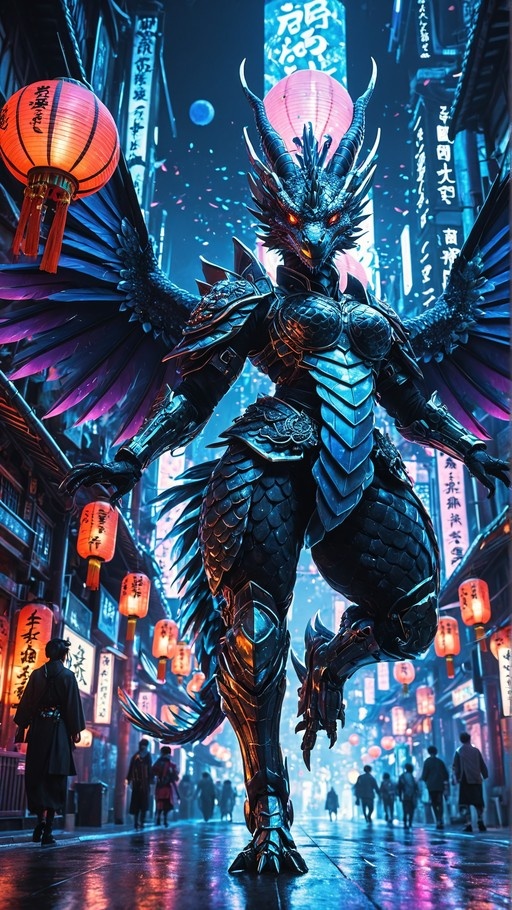 A large armored dragon woman with wings and horns stands in a busy street filled with red paper lanterns at night.