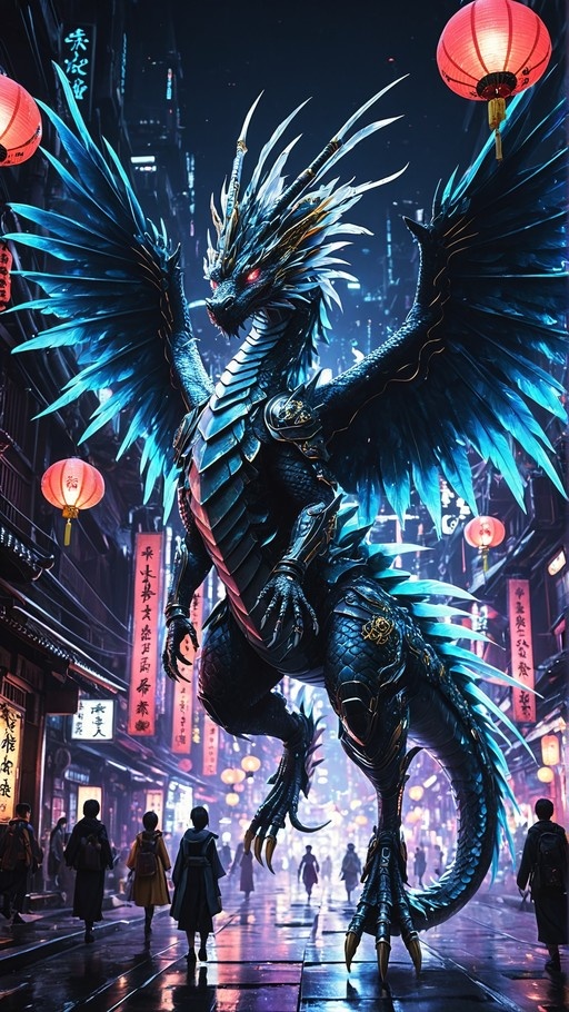 A massive dark-scaled dragon with glowing red eyes and large wings stands in a wet city street lined with buildings and hanging red paper lanterns, while small figures of people walk nearby.
