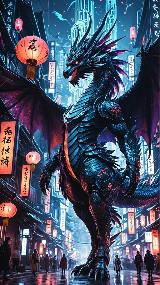 A massive black dragon with glowing red eyes and large wings stands in a wet, neon-lit city street at night surrounded by red paper lanterns and pedestrians.