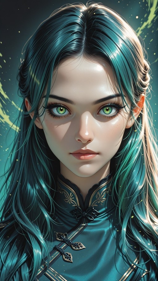 Close-up of a young woman with long teal hair and green eyes wearing a dark teal traditional Chinese outfit with gold embroidery.