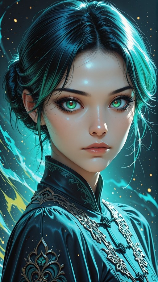 A digital illustration of a young woman with teal hair and green eyes wearing an embroidered teal traditional outfit against a magical background.