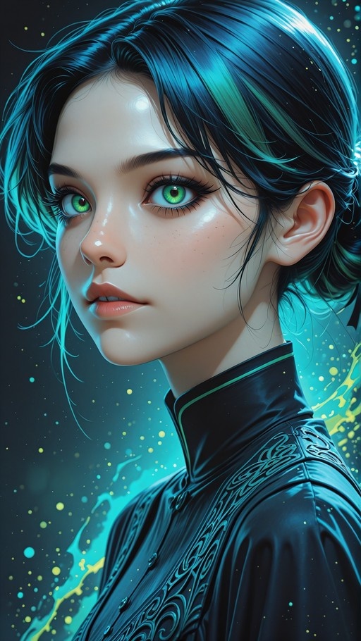 A digital illustration of a young woman with green eyes and dark teal-streaked hair, wearing a black embroidered top against a glowing particle background.