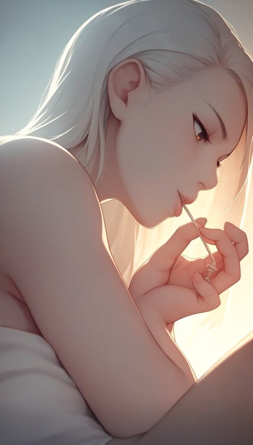 A side profile of a white-haired woman lying on her stomach, biting a thin needle held in her hand, bathed in warm sunlight.