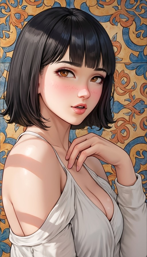 Digital illustration of a young woman with short black hair and brown eyes, wearing a white off-shoulder top and blushing against a blue and orange floral background.