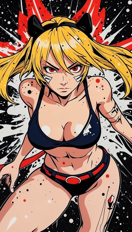 A digital illustration of a blonde anime girl with red eyes and a black cat-ear headband wearing a blue bikini with red accents.
