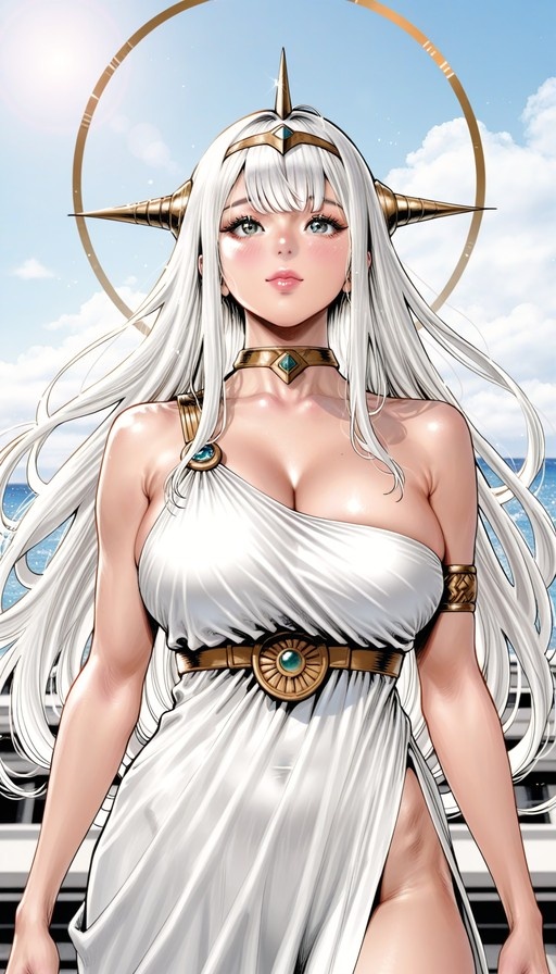 A Greek goddess with long white hair and golden horns stands against a blue sky and ocean background, wearing a white toga dress and gold jewelry.