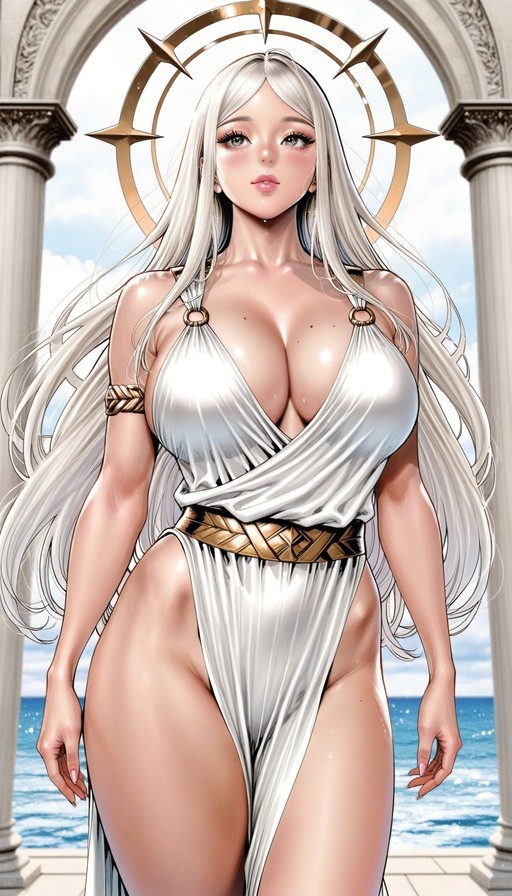 An anime-style girl with long white hair and a golden halo stands by the ocean wearing a white halter dress.