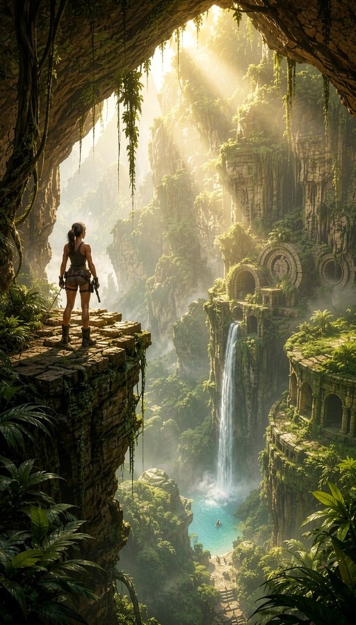 A female adventurer holding a pistol stands on a stone ledge overlooking a lush jungle canyon with ancient ruins and a waterfall.